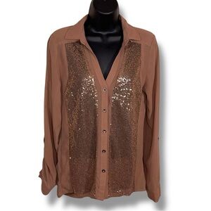 Small Vanity Beige Sequined Panel Long Sleeve Button Front Blouse Shirt